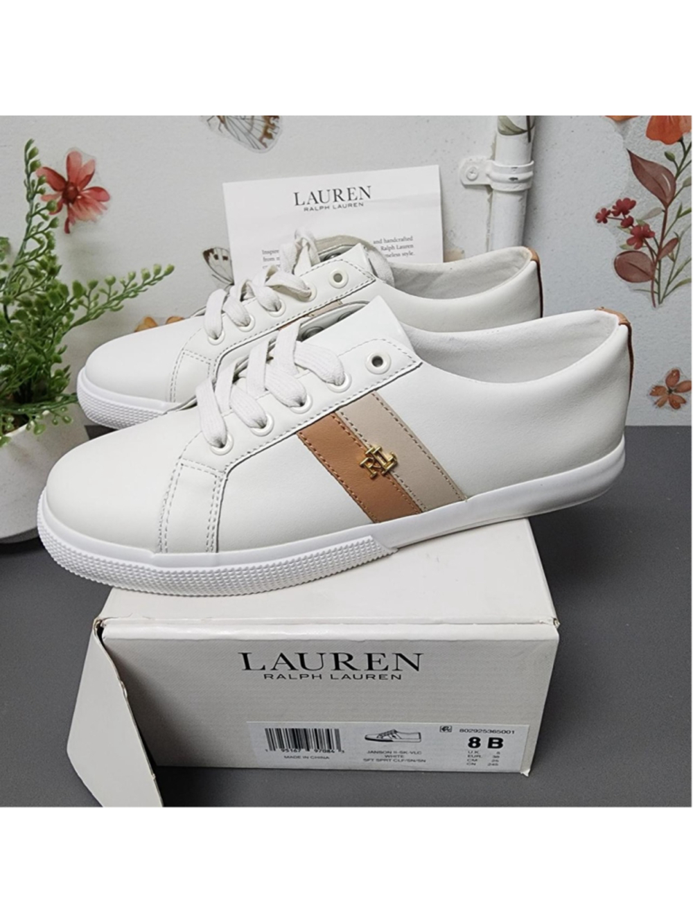 Ralph Lauren Janson II sneakers in white with tan leather accents, size US 8